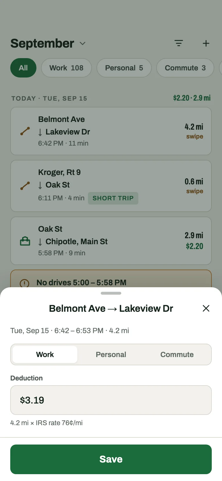 Classify a drive as Work, Personal or Commute with one swipe