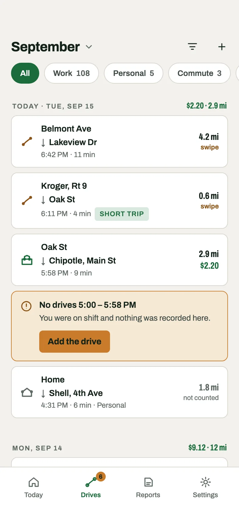 Drives list with addresses, times and distances